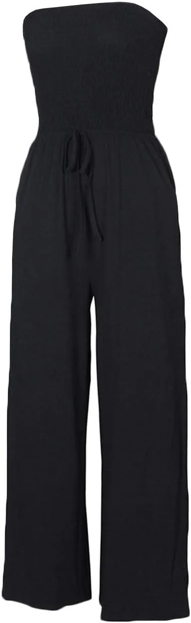 ECDAHICC Women's Strapless Tube Top Rompers Casual Off Shoulder Solid Color Belted Wide Leg Jumpsuit with Pockets