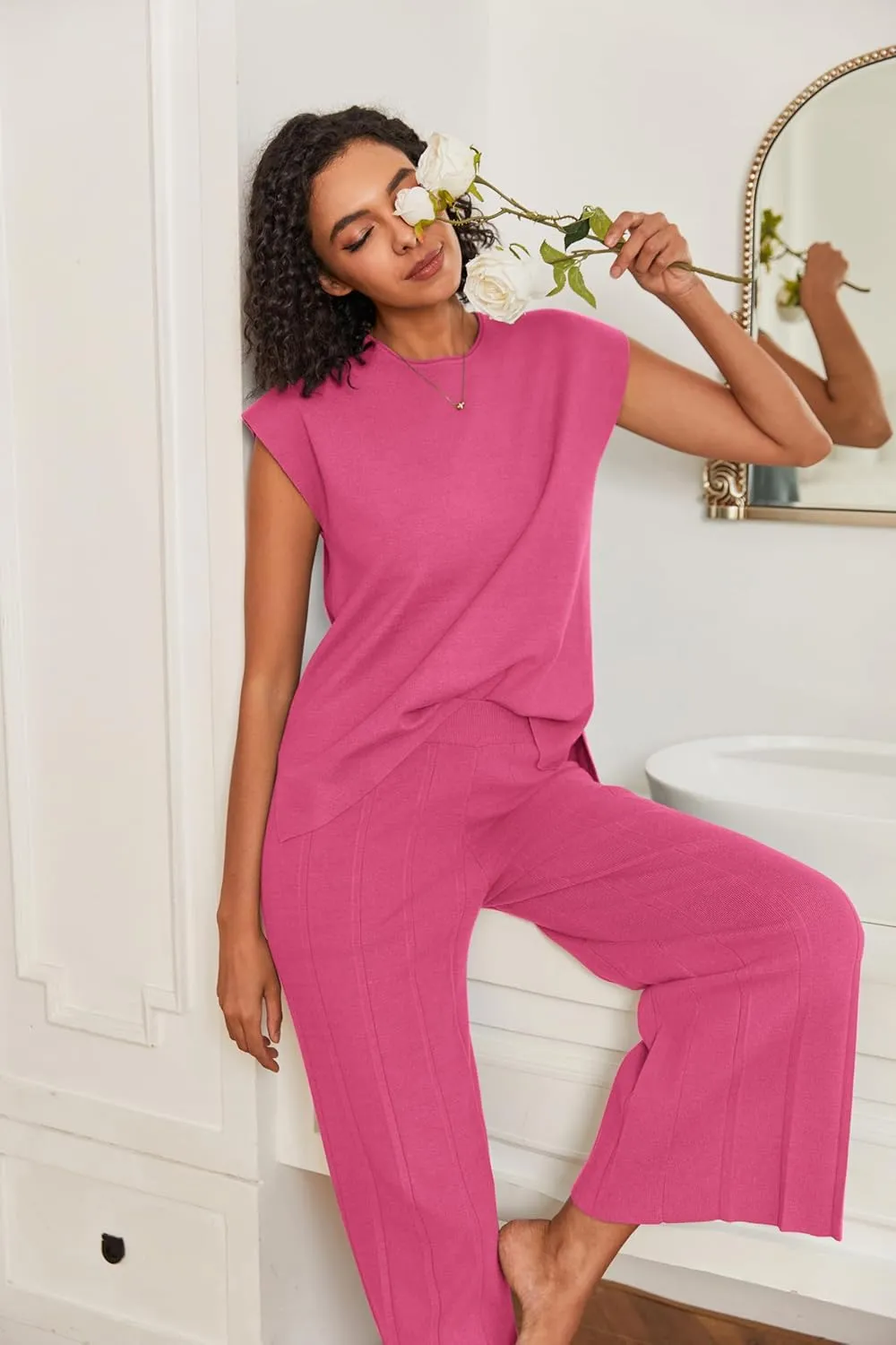 Ekouaer Lounge Sets for Women Two Piece Outfits Knit Cap Sleeve Tops Wide Leg Pleated Pants Casual Dressy Sweater Sets
