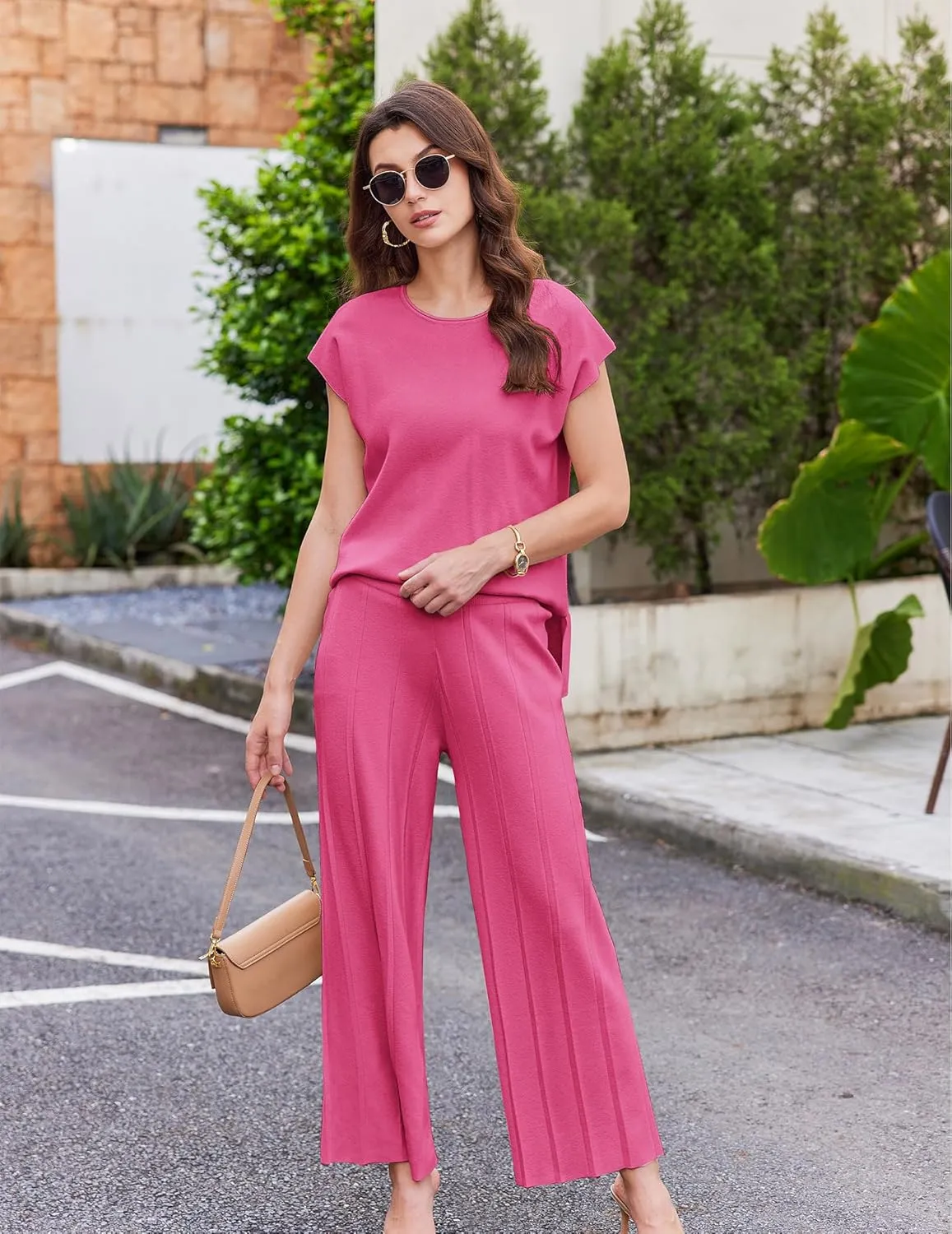 Ekouaer Lounge Sets for Women Two Piece Outfits Knit Cap Sleeve Tops Wide Leg Pleated Pants Casual Dressy Sweater Sets