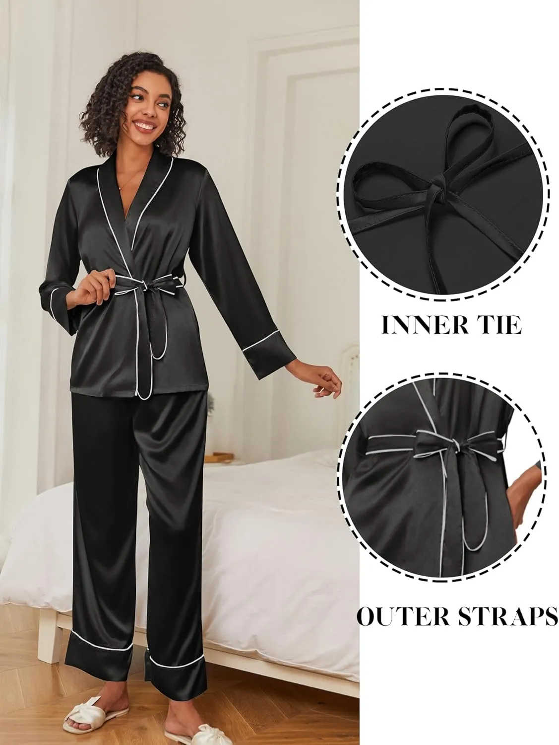 Ekouaer Satin Lounge Sets for Women 2 Pieces Silk Pajamas Set Long Sleeve Top with Pants Outfits with Belt