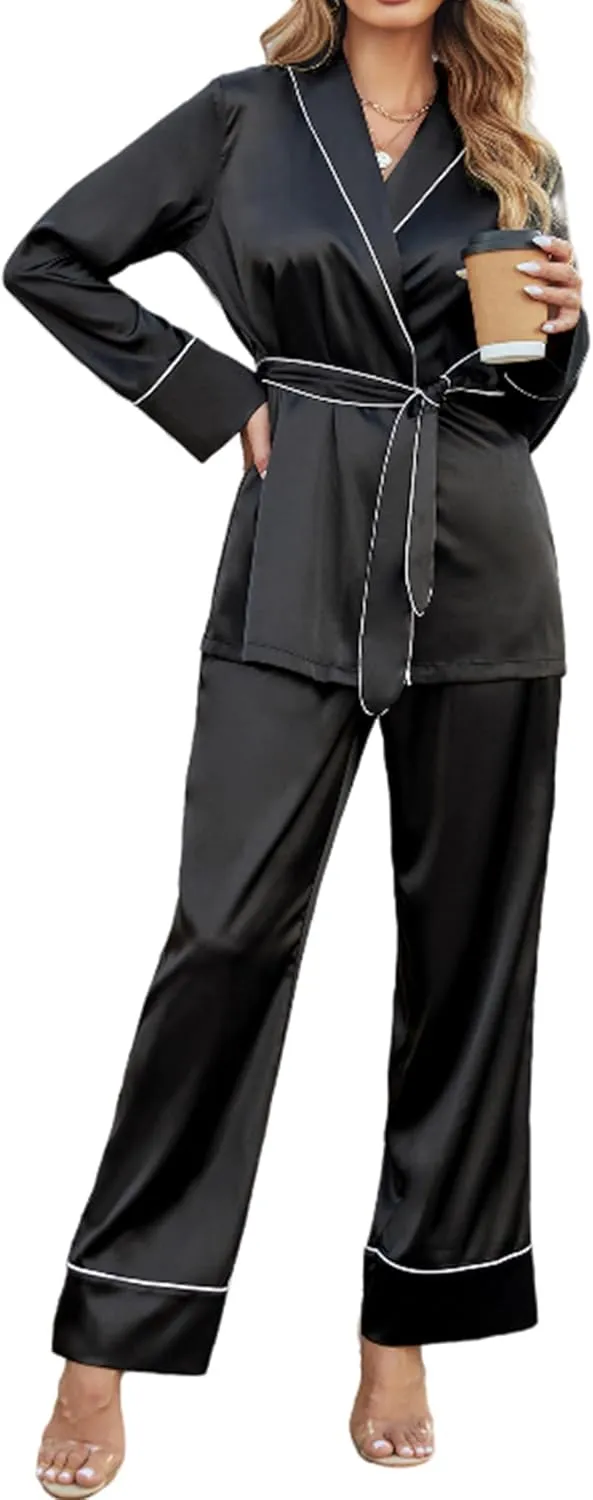 Ekouaer Satin Lounge Sets for Women 2 Pieces Silk Pajamas Set Long Sleeve Top with Pants Outfits with Belt