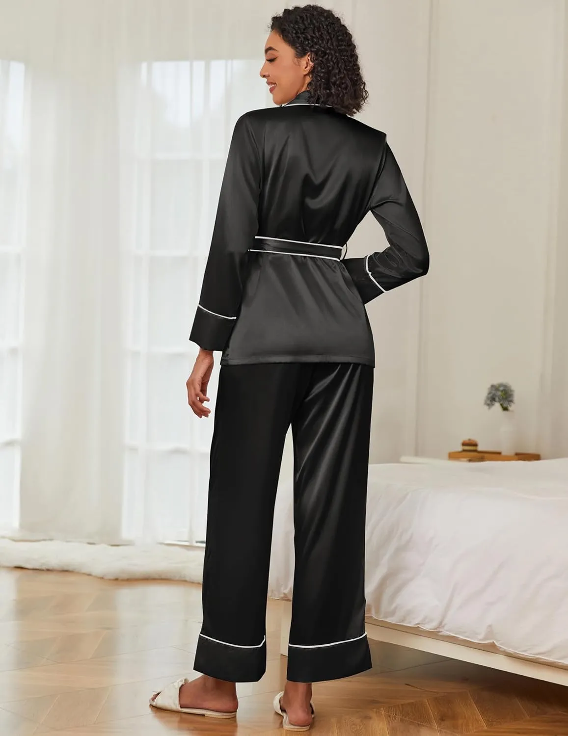 Ekouaer Satin Lounge Sets for Women 2 Pieces Silk Pajamas Set Long Sleeve Top with Pants Outfits with Belt