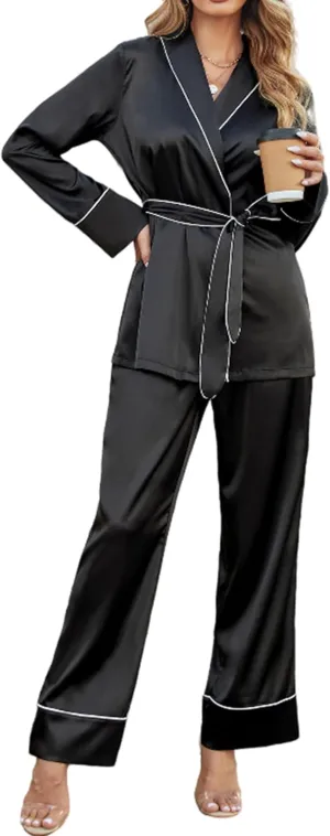 Ekouaer Satin Lounge Sets for Women 2 Pieces Silk Pajamas Set Long Sleeve Top with Pants Outfits with Belt