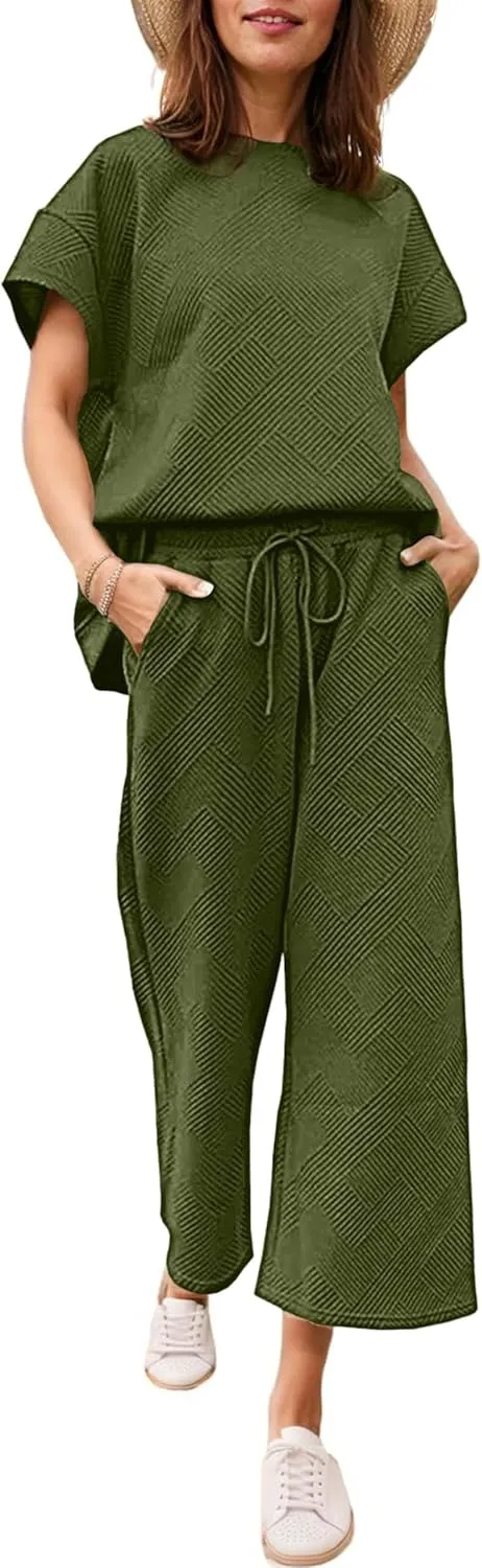 Ekouaer Womens 2 Piece Outfits Sweatsuits Casual Pullover Cap Sleeve Tops and Wide Leg Sweatpant Lounge Sets Tracksuit Set