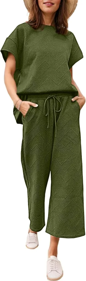 Ekouaer Womens 2 Piece Outfits Sweatsuits Casual Pullover Cap Sleeve Tops and Wide Leg Sweatpant Lounge Sets Tracksuit Set