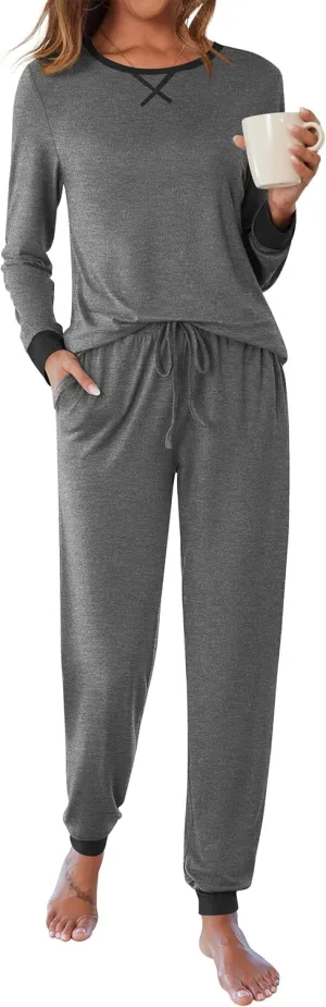 Ekouaer Women's Pajamas Sets Long Sleeve Pjs Soft Sleepwear O Neck 2 Piece Joggers Loung Set with Pockets Deep Grey Medium