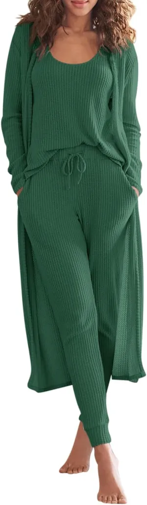 Eurivicy Womens Lounge Set Waffle Knit 3 Piece Pajama Sets Tank Tops Loose Pants with Long Cardigan Loungewear 2025