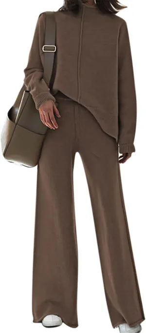 Fixmatti Women Knit Sweatsuit Turtleneck Sweater Top and Wide Leg Pant 2 Piece Outfits