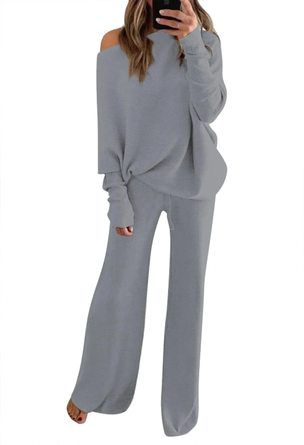 Fixmatti Womens Knitted Outfits 2 Pieces Sweatsuit High Neck Sweater Wide Leg Pant Set