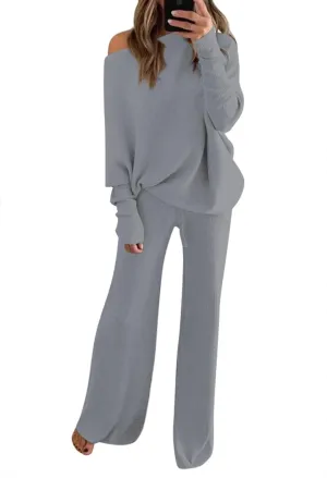 Fixmatti Womens Knitted Outfits 2 Pieces Sweatsuit High Neck Sweater Wide Leg Pant Set