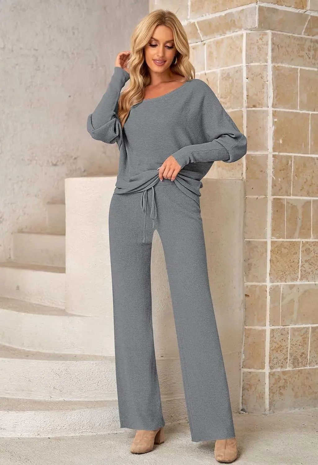 Fixmatti Womens Knitted Outfits 2 Pieces Sweatsuit High Neck Sweater Wide Leg Pant Set