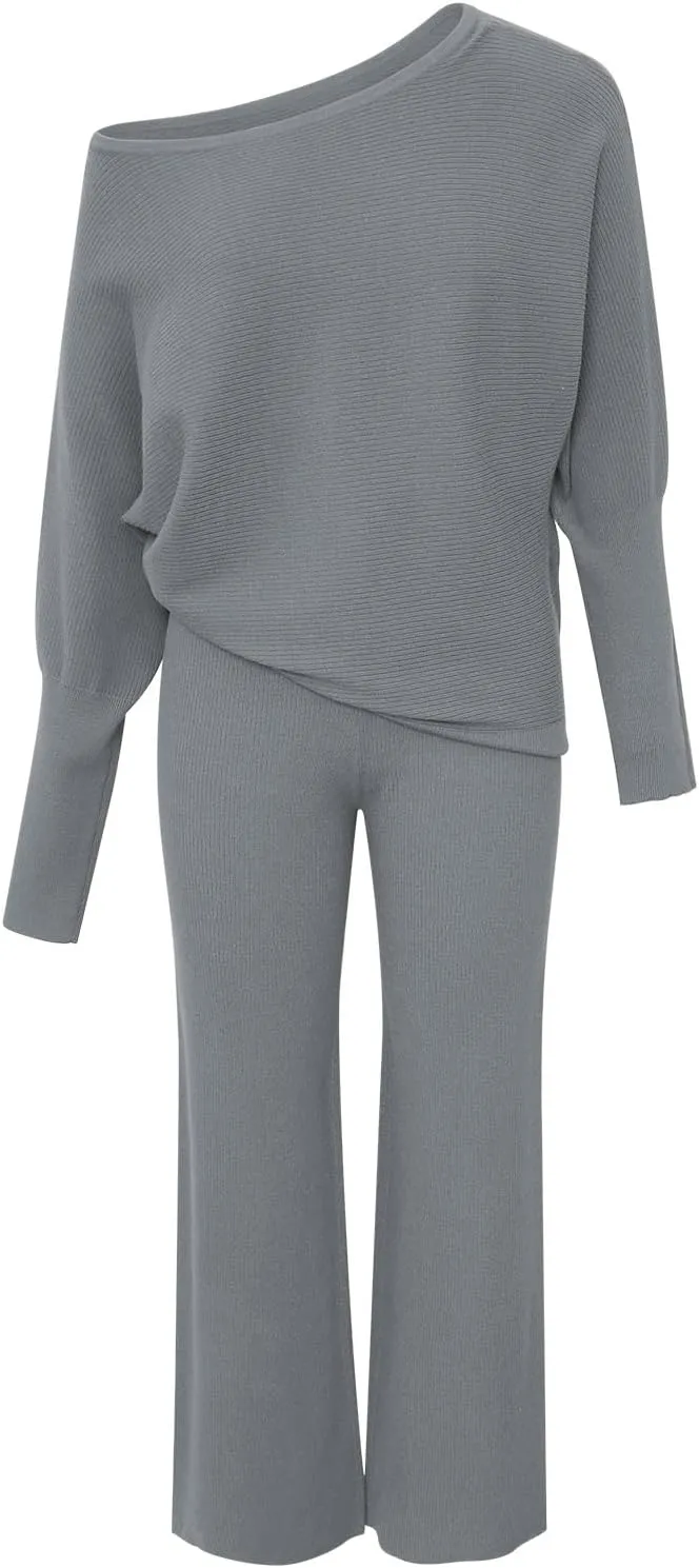 Fixmatti Womens Knitted Outfits 2 Pieces Sweatsuit High Neck Sweater Wide Leg Pant Set
