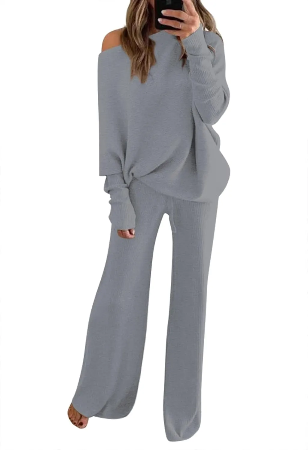 Fixmatti Womens Knitted Outfits 2 Pieces Sweatsuit High Neck Sweater Wide Leg Pant Set