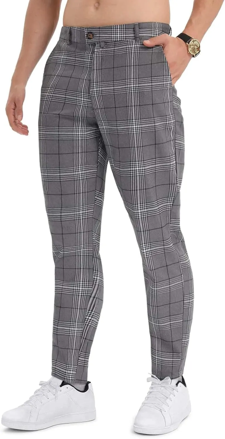 Floerns Men's Plaid Dress Pants Flat Front Casual Business Suit Trousers