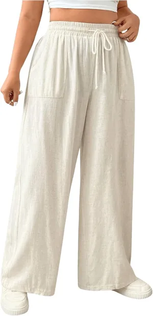 Floerns Women's Plus Size Solid Drawstring Waist Wide Leg Casual Pants with Pockets