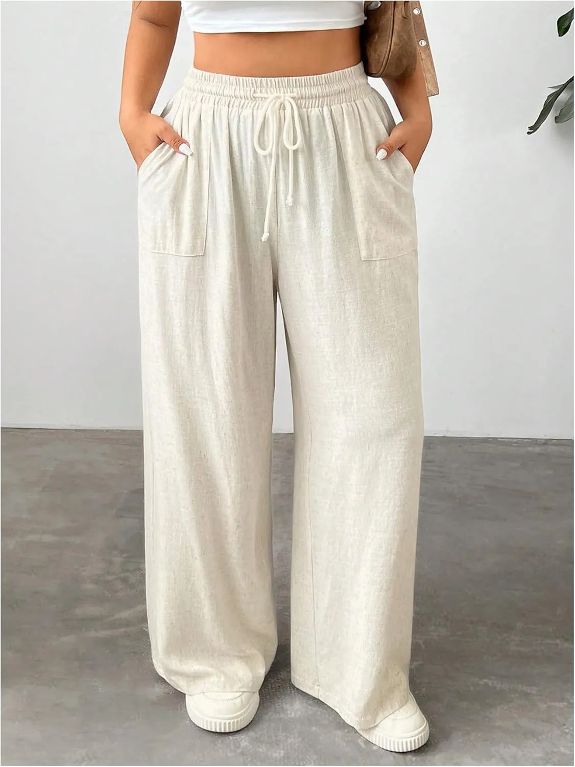 Floerns Women's Plus Size Solid Drawstring Waist Wide Leg Casual Pants with Pockets