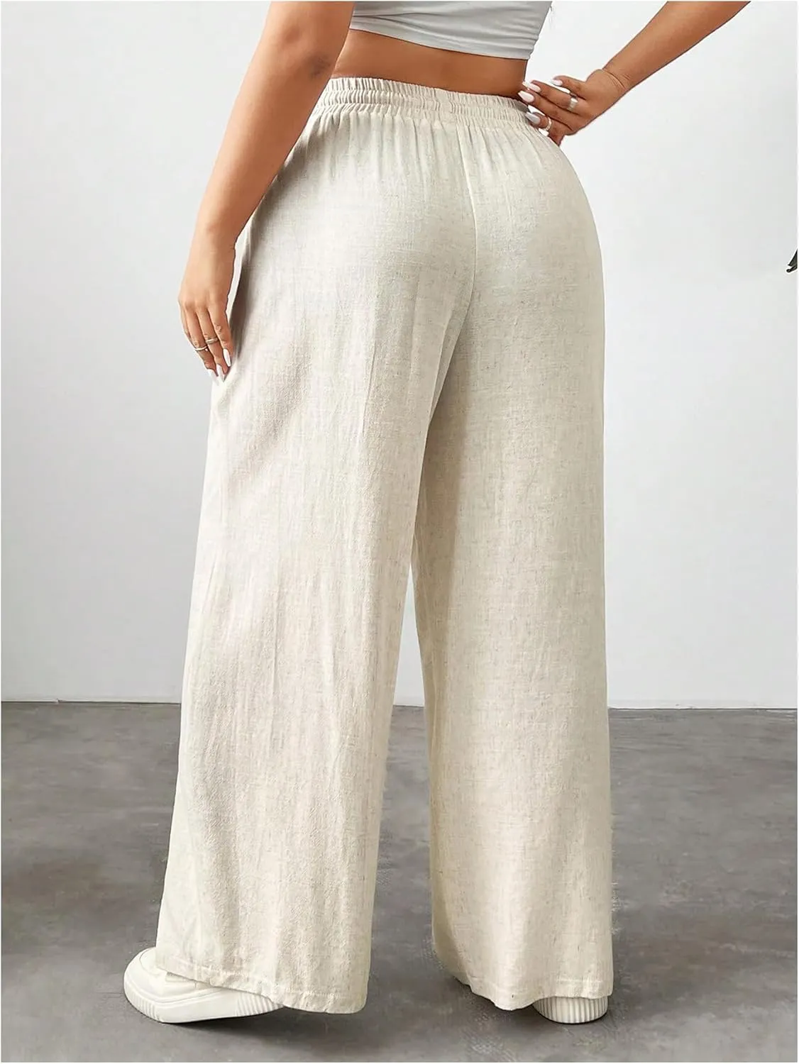 Floerns Women's Plus Size Solid Drawstring Waist Wide Leg Casual Pants with Pockets