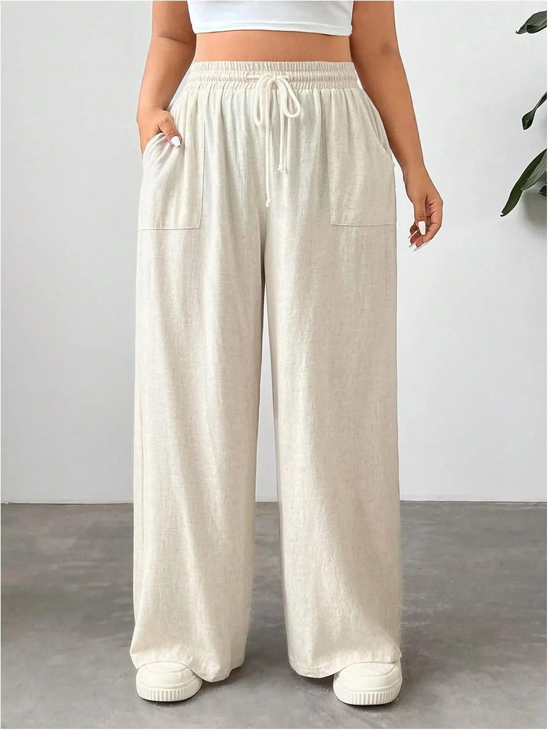 Floerns Women's Plus Size Solid Drawstring Waist Wide Leg Casual Pants with Pockets