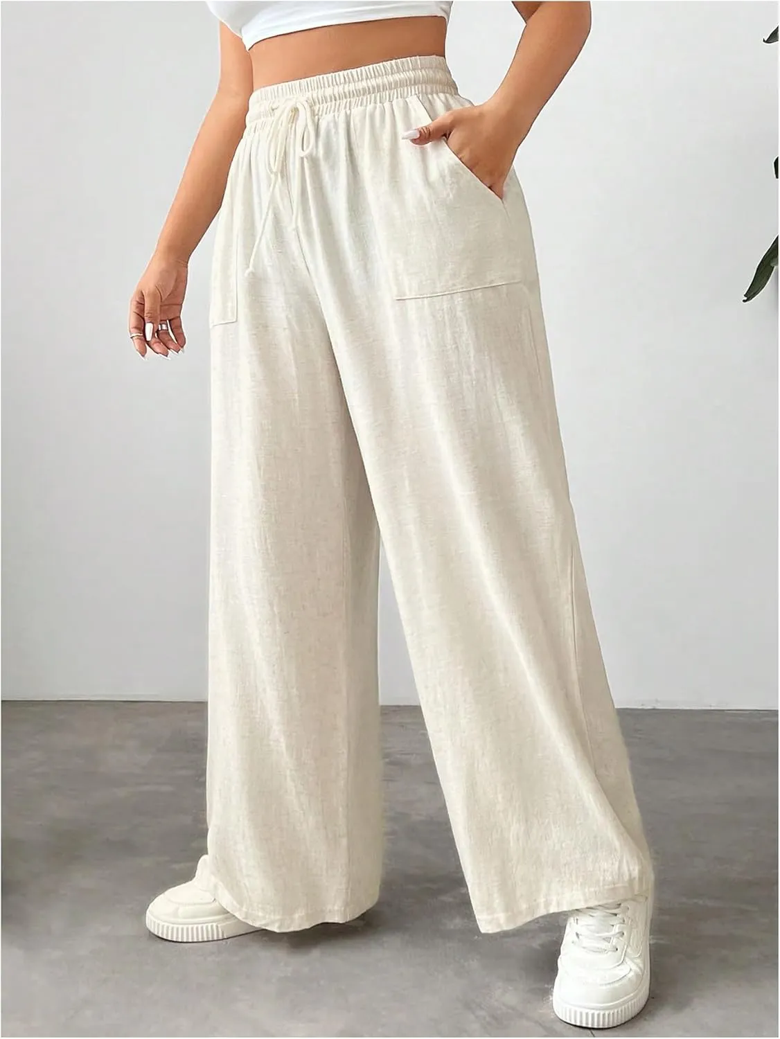 Floerns Women's Plus Size Solid Drawstring Waist Wide Leg Casual Pants with Pockets