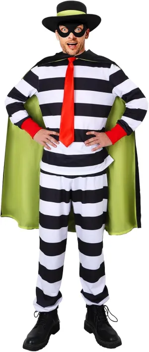 FOCUSOUL Men Hamburger Thief Costume Striped Shirt Pants Cloak Hat Tie Eye Mask Full Set Halloween Cosplay Outfit