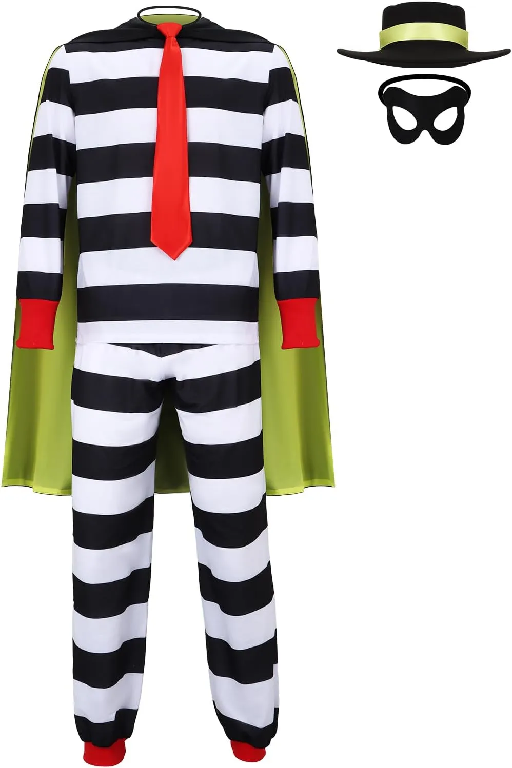 FOCUSOUL Men Hamburger Thief Costume Striped Shirt Pants Cloak Hat Tie Eye Mask Full Set Halloween Cosplay Outfit