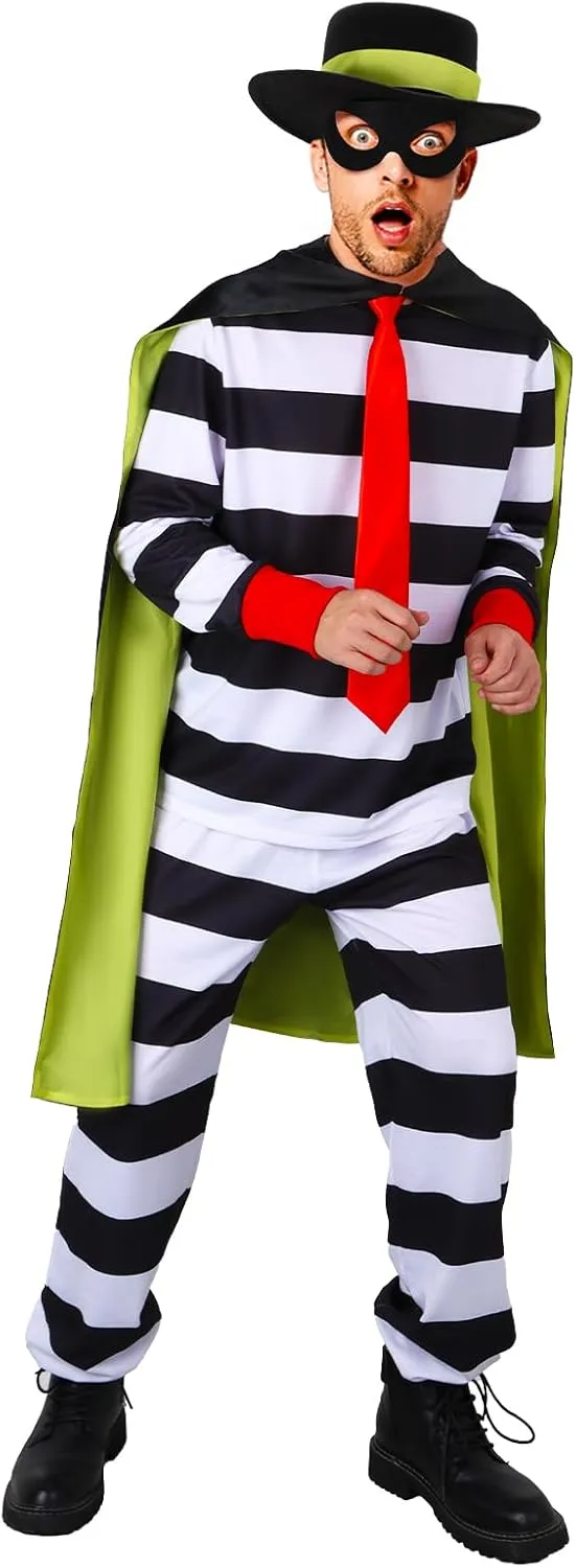 FOCUSOUL Men Hamburger Thief Costume Striped Shirt Pants Cloak Hat Tie Eye Mask Full Set Halloween Cosplay Outfit