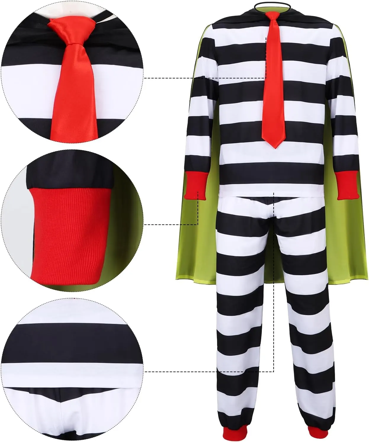FOCUSOUL Men Hamburger Thief Costume Striped Shirt Pants Cloak Hat Tie Eye Mask Full Set Halloween Cosplay Outfit
