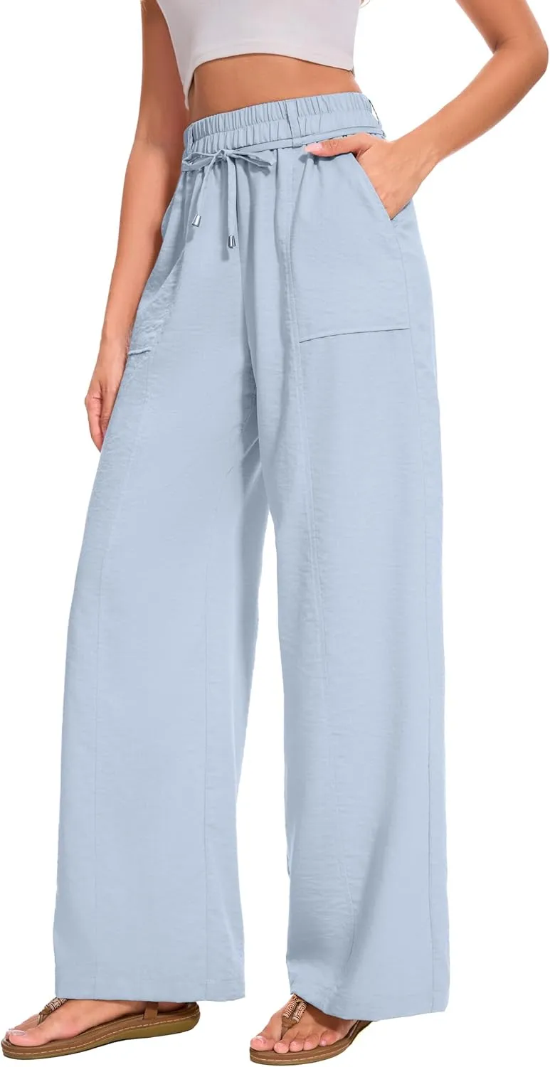 FUNYYZO 2025 Women Summer Pants Drawstring Waist Wide Leg Pants Loose Fit with Pockets Pull On