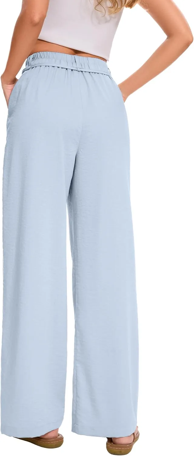 FUNYYZO 2025 Women Summer Pants Drawstring Waist Wide Leg Pants Loose Fit with Pockets Pull On