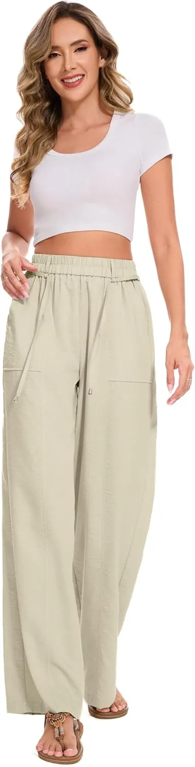 FUNYYZO 2025 Women Summer Pants Drawstring Waist Wide Leg Pants Loose Fit with Pockets Pull On