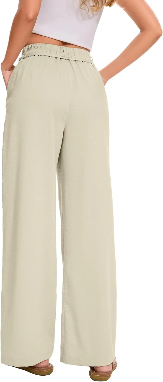 FUNYYZO 2025 Women Summer Pants Drawstring Waist Wide Leg Pants Loose Fit with Pockets Pull On