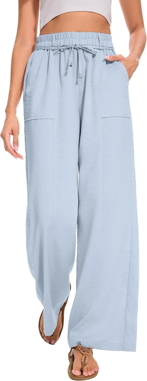 FUNYYZO 2025 Women Summer Pants Drawstring Waist Wide Leg Pants Loose Fit with Pockets Pull On