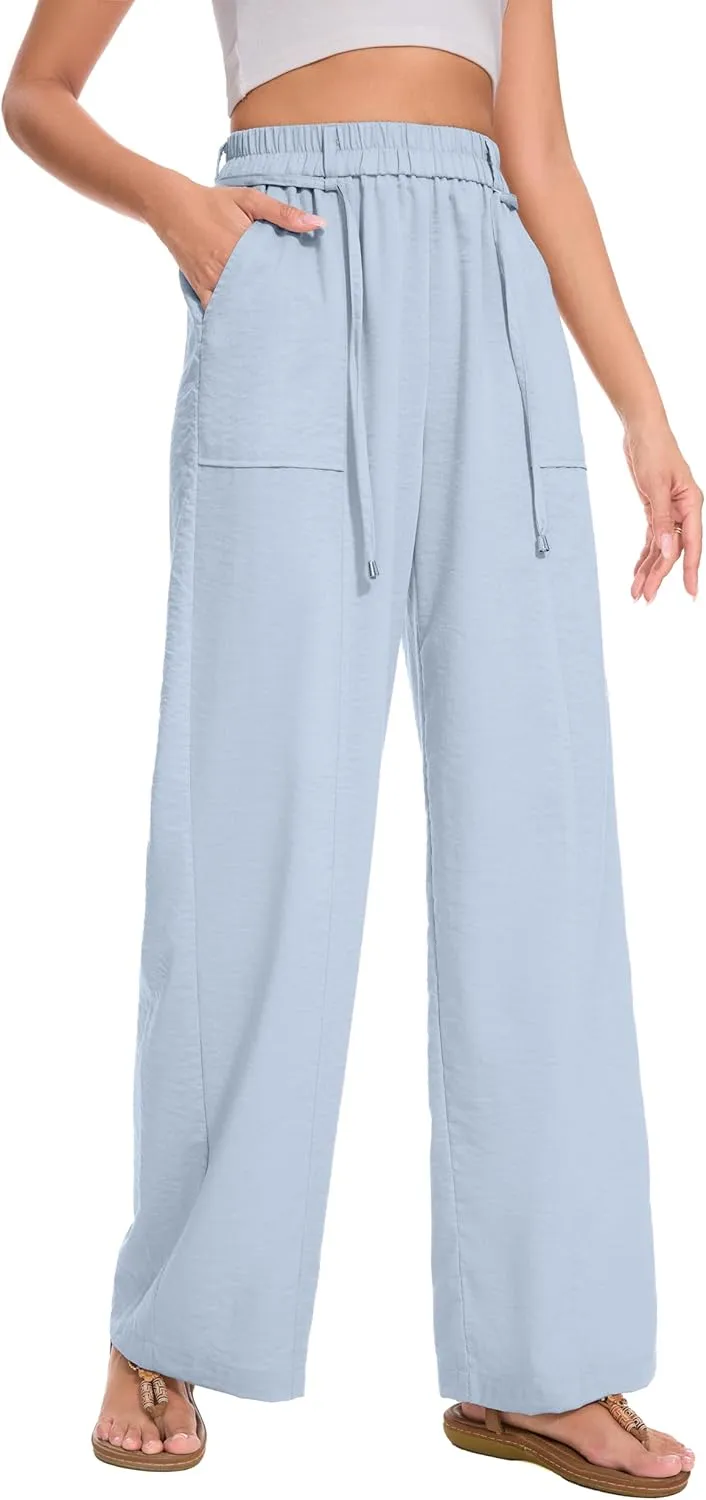 FUNYYZO 2025 Women Summer Pants Drawstring Waist Wide Leg Pants Loose Fit with Pockets Pull On