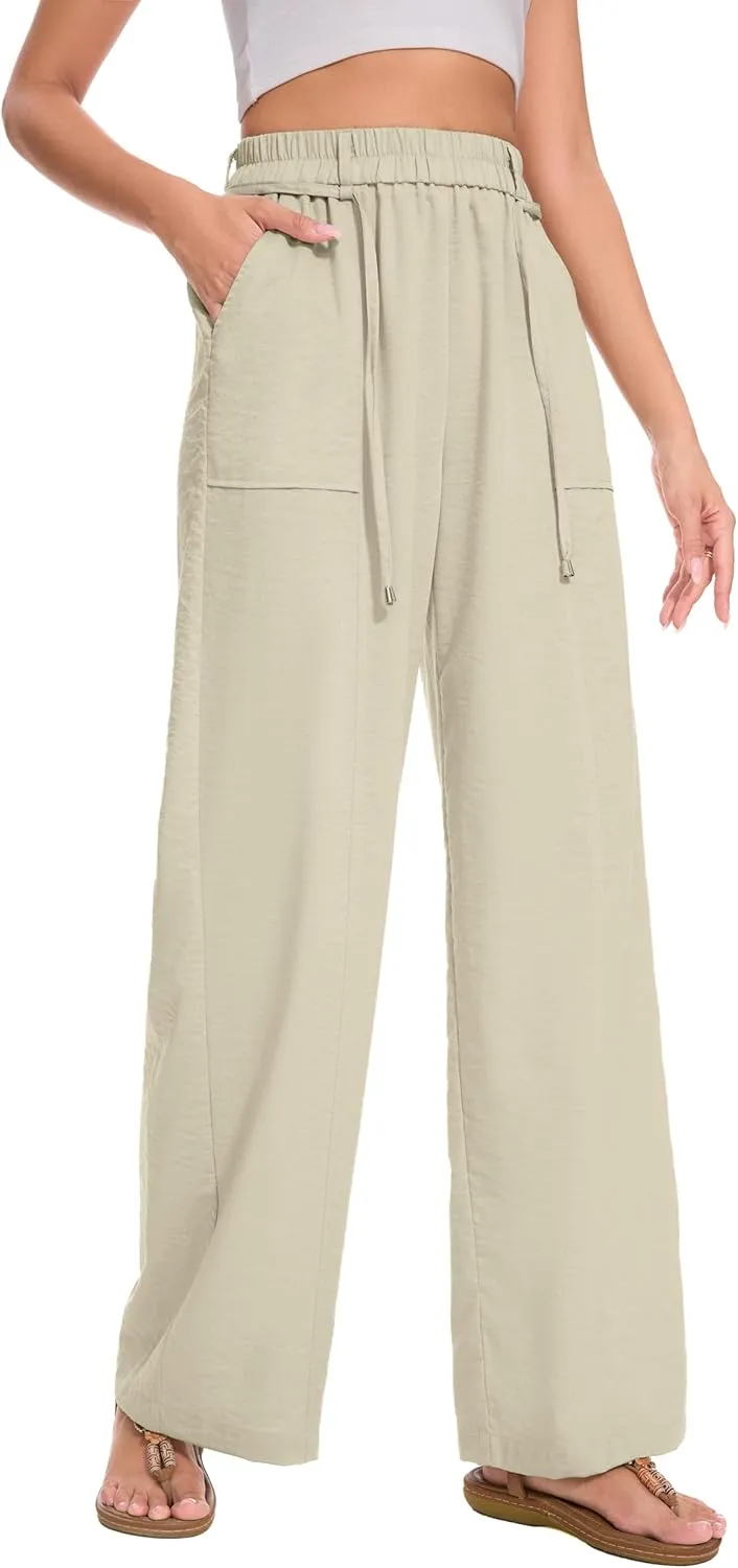 FUNYYZO 2025 Women Summer Pants Drawstring Waist Wide Leg Pants Loose Fit with Pockets Pull On