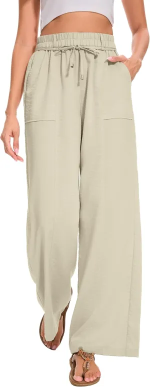 FUNYYZO 2025 Women Summer Pants Drawstring Waist Wide Leg Pants Loose Fit with Pockets Pull On