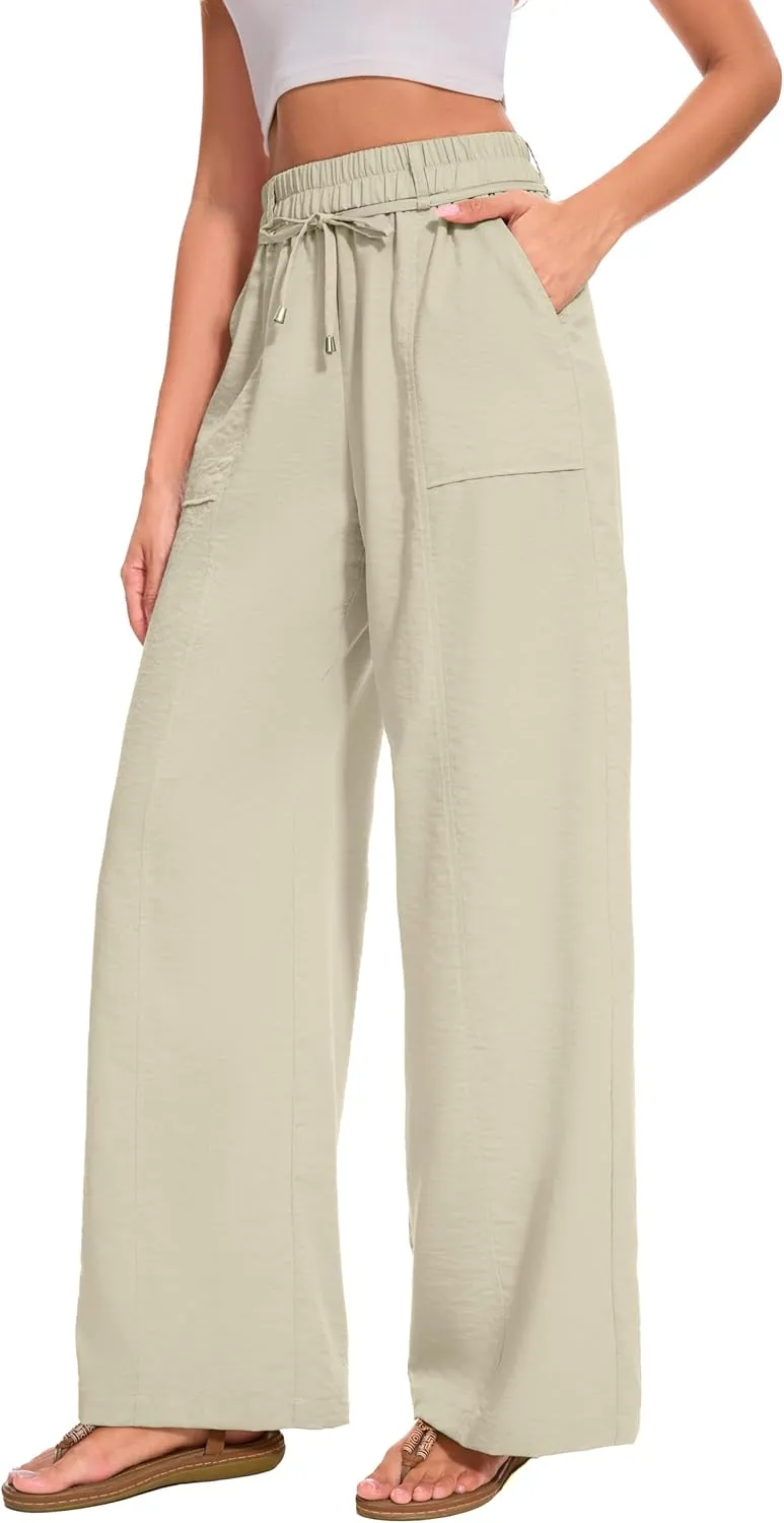FUNYYZO 2025 Women Summer Pants Drawstring Waist Wide Leg Pants Loose Fit with Pockets Pull On