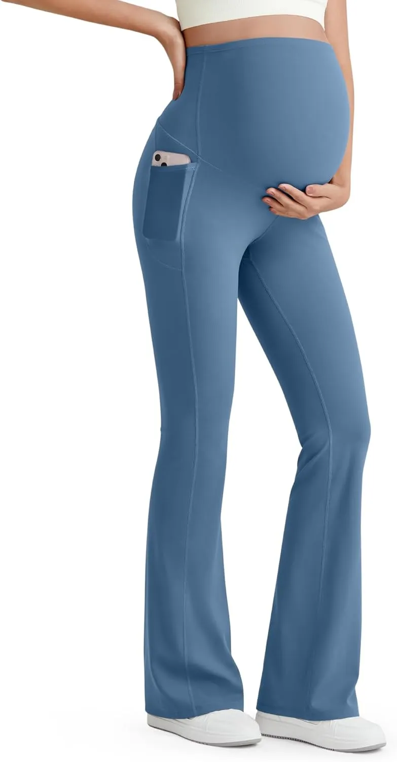 G4Free BareFeel Maternity Flare Leggings with Pockets Over The Belly Stretchy Casual Lounge Pregnancy Dress Pants for Work