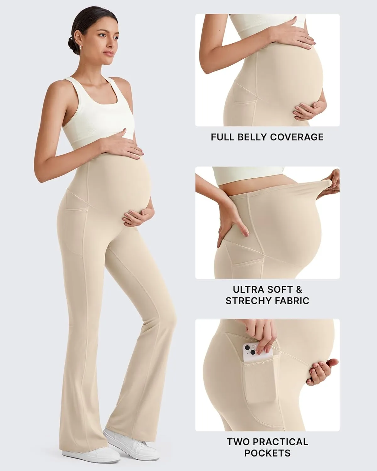 G4Free BareFeel Maternity Flare Leggings with Pockets Over The Belly Stretchy Casual Lounge Pregnancy Dress Pants for Work