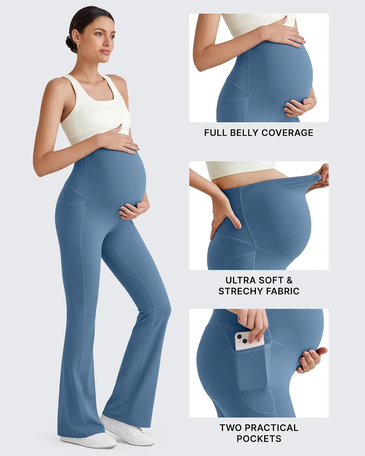 G4Free BareFeel Maternity Flare Leggings with Pockets Over The Belly Stretchy Casual Lounge Pregnancy Dress Pants for Work