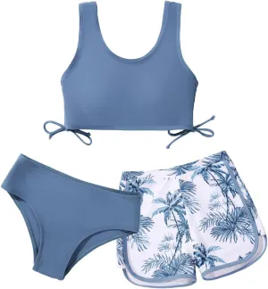 Girl's 3 Piece Bikini Bathing Suit Printed Sport Swimsuits with Shorts Cove Up Sets Teen Girl's Swimwear
