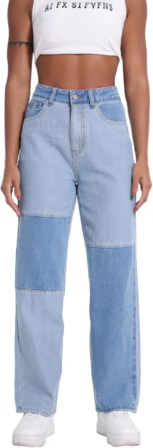 Girls Jeans Women Denim Pants High Rise Patchwork Trendy Straight Leg Casual Comfy Jeans Pants