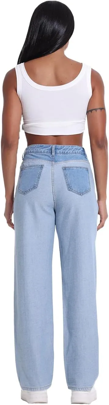 Girls Jeans Women Denim Pants High Rise Patchwork Trendy Straight Leg Casual Comfy Jeans Pants