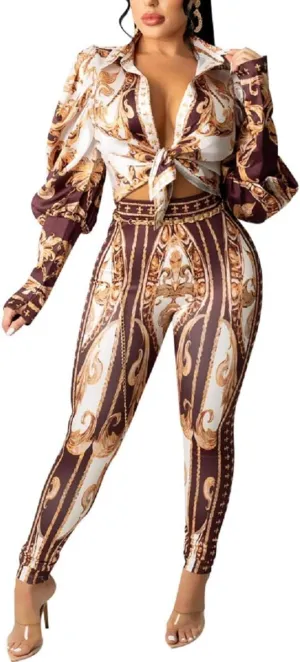 Glozeplus 2 Piece Outfits for Women Sexy Bodycon Long Sleeve Crop Tops Long Pants Sets Floral Print Tracksuits Jumpsuits