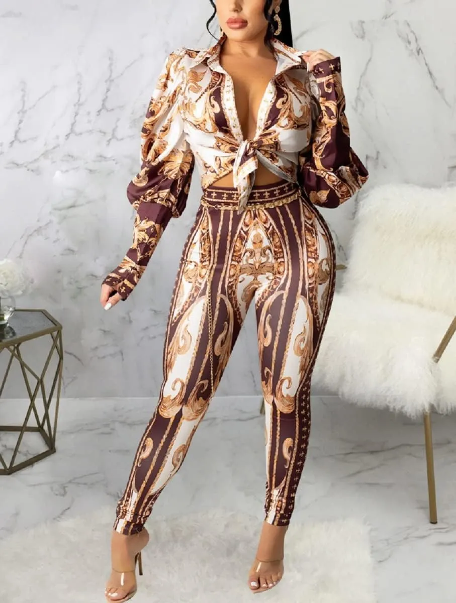 Glozeplus 2 Piece Outfits for Women Sexy Bodycon Long Sleeve Crop Tops Long Pants Sets Floral Print Tracksuits Jumpsuits