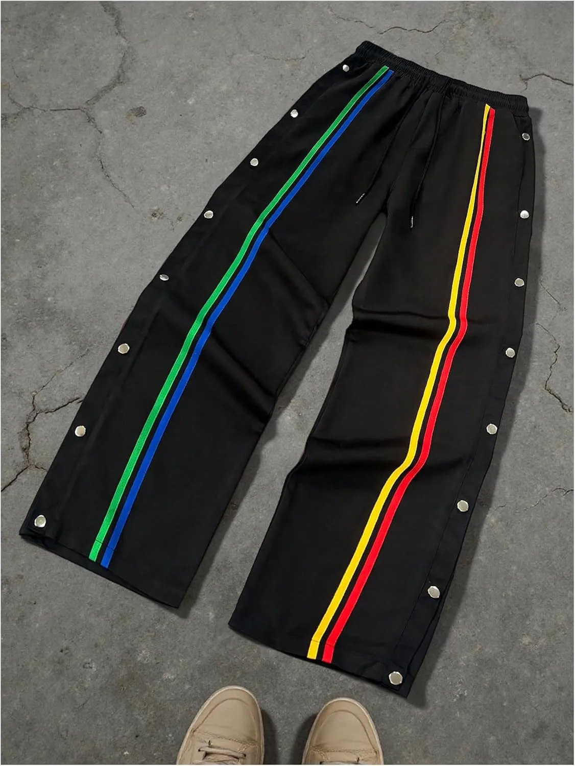 GORGLITTER Men's Striped Baggy Pants Wide Leg Sweatpants Snap Button Tear Away Track Pants with Pockets