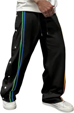 GORGLITTER Men's Striped Baggy Pants Wide Leg Sweatpants Snap Button Tear Away Track Pants with Pockets