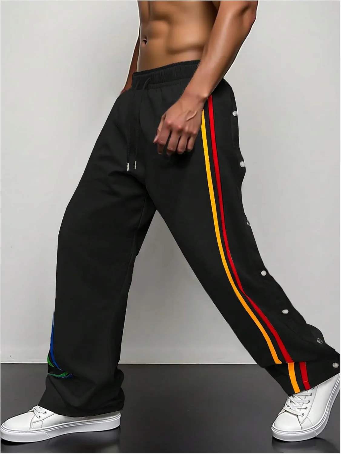 GORGLITTER Men's Striped Baggy Pants Wide Leg Sweatpants Snap Button Tear Away Track Pants with Pockets