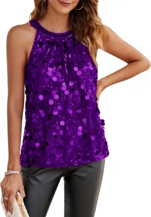 GRACE KARIN Halter Sequin Tank Tops for Women Sleeveless Sparkly Glitter Club Outfits Ruched Flowy Shiny Party Concert Shirt