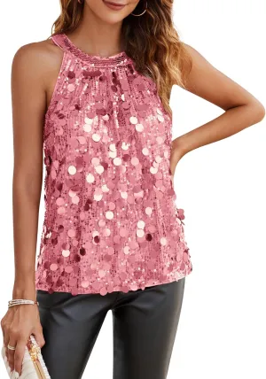 GRACE KARIN Halter Sequin Tank Tops for Women Sleeveless Sparkly Glitter Club Outfits Ruched Flowy Shiny Party Concert Shirt