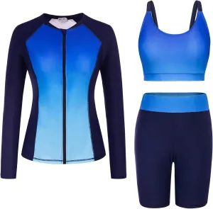 GRACE KARIN Women's 3 Piece Rash Guard Built-in Bra Long Sleeve UV Sun Protection Swimsuit Zip up Swim Top Shirt Modest